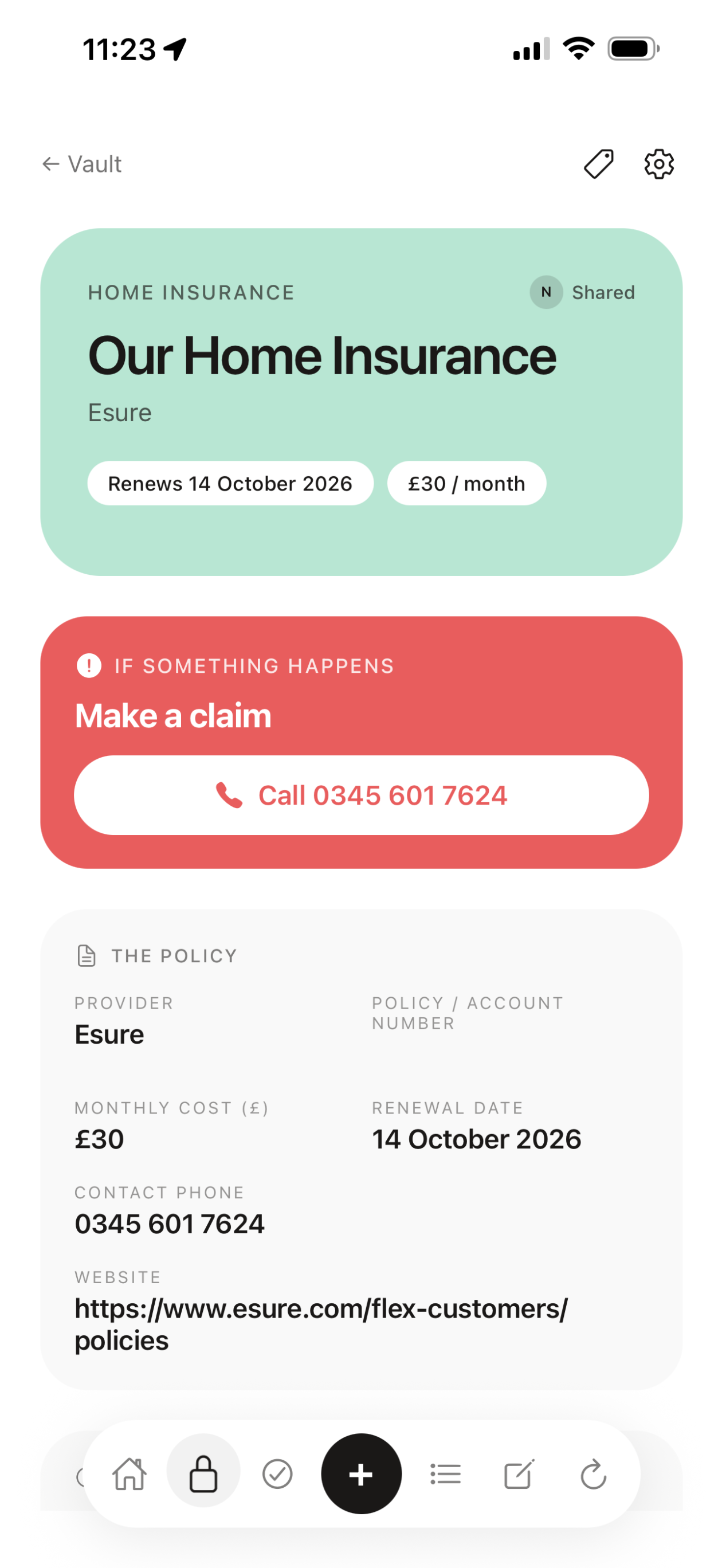 Roost home admin emergency card showing insurance policy and Gas Safe number on iOS