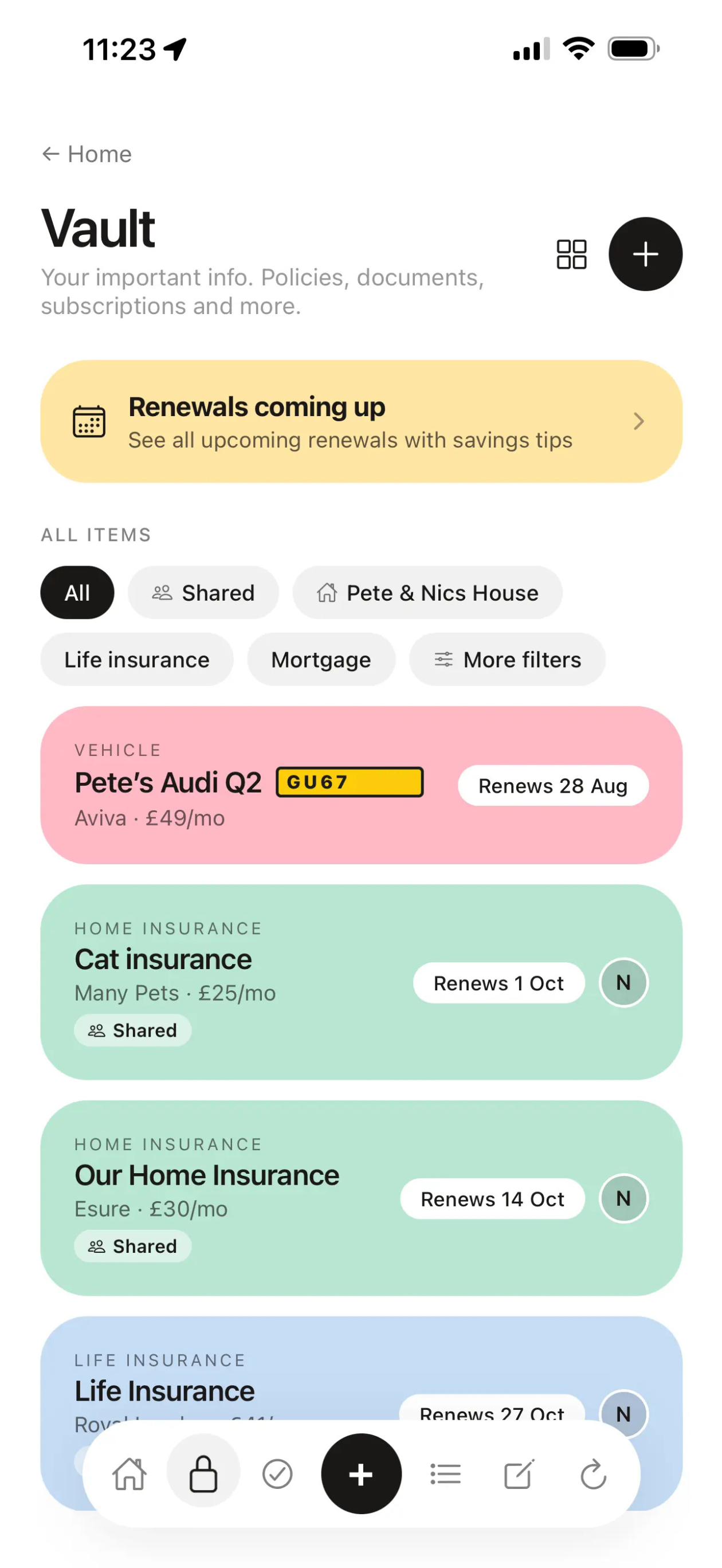 Roost household app vault listing upcoming renewals on iOS