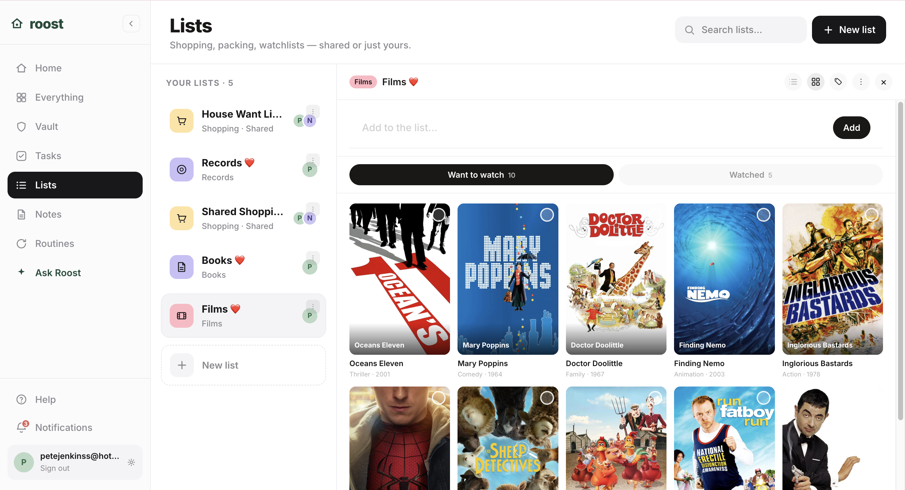 Roost films list on web