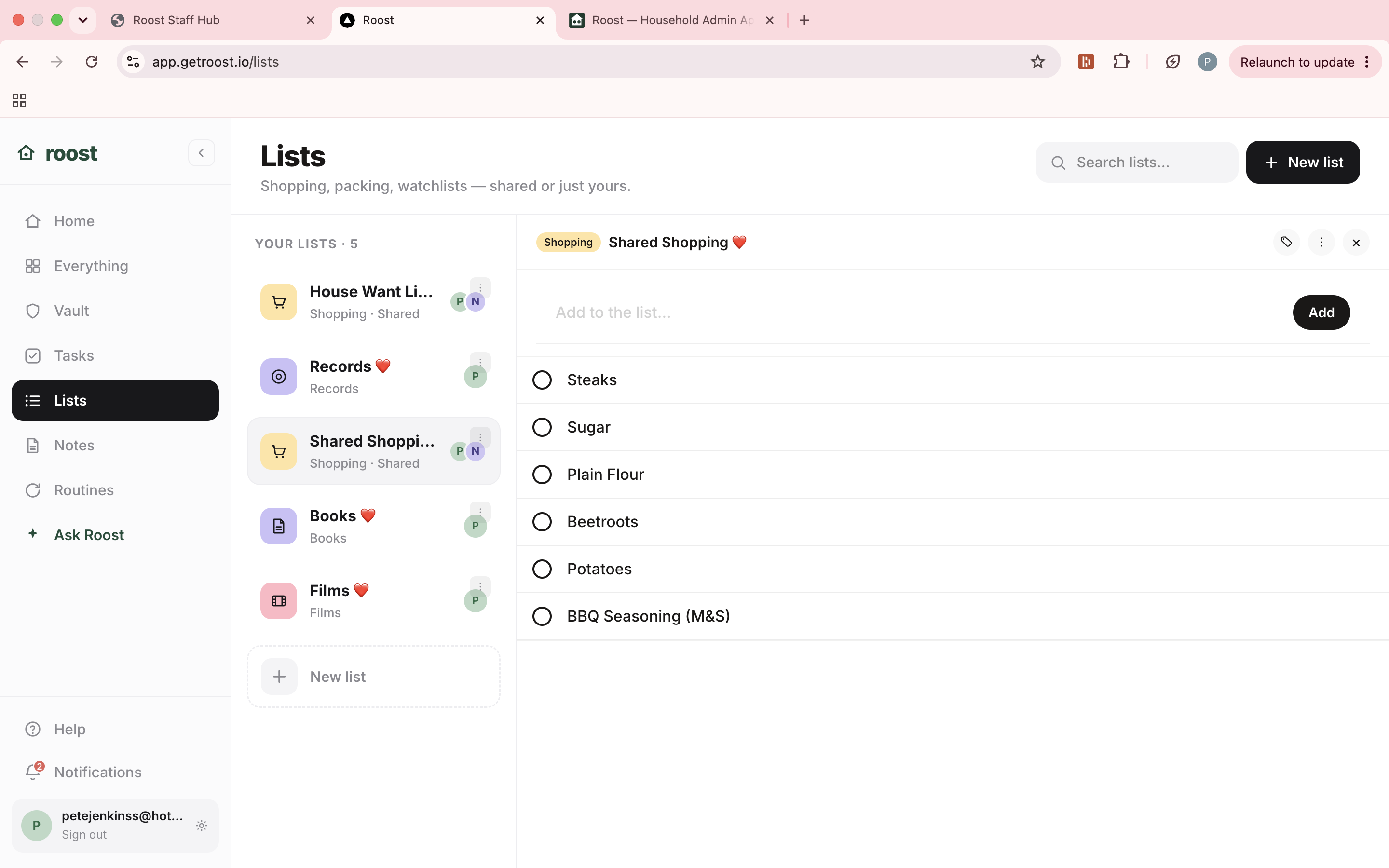 Roost shared shopping list on web